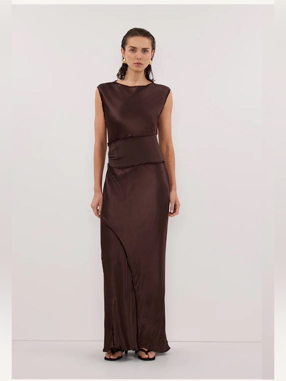NWT $199 DISSH Monica Bitter Chocolate Satin Midi Dress Size U.S. 6 AU 10